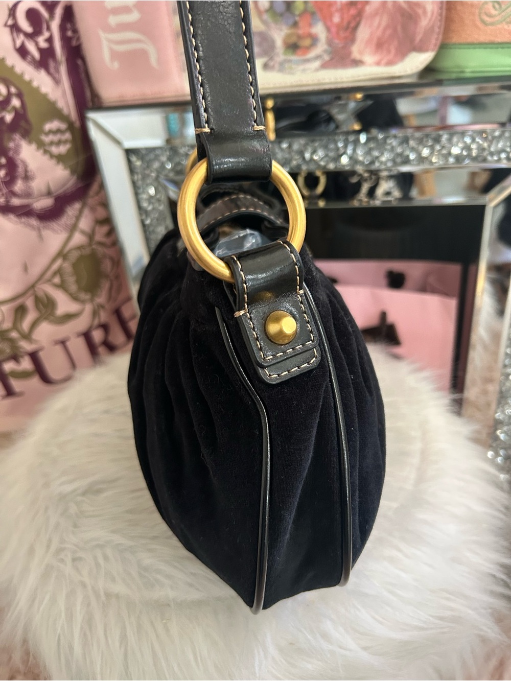 Y2K Vintage 2011 Juicy Couture Black Velour Shoulder Bag Butterfly Heart Charm - Picture 7 of 14